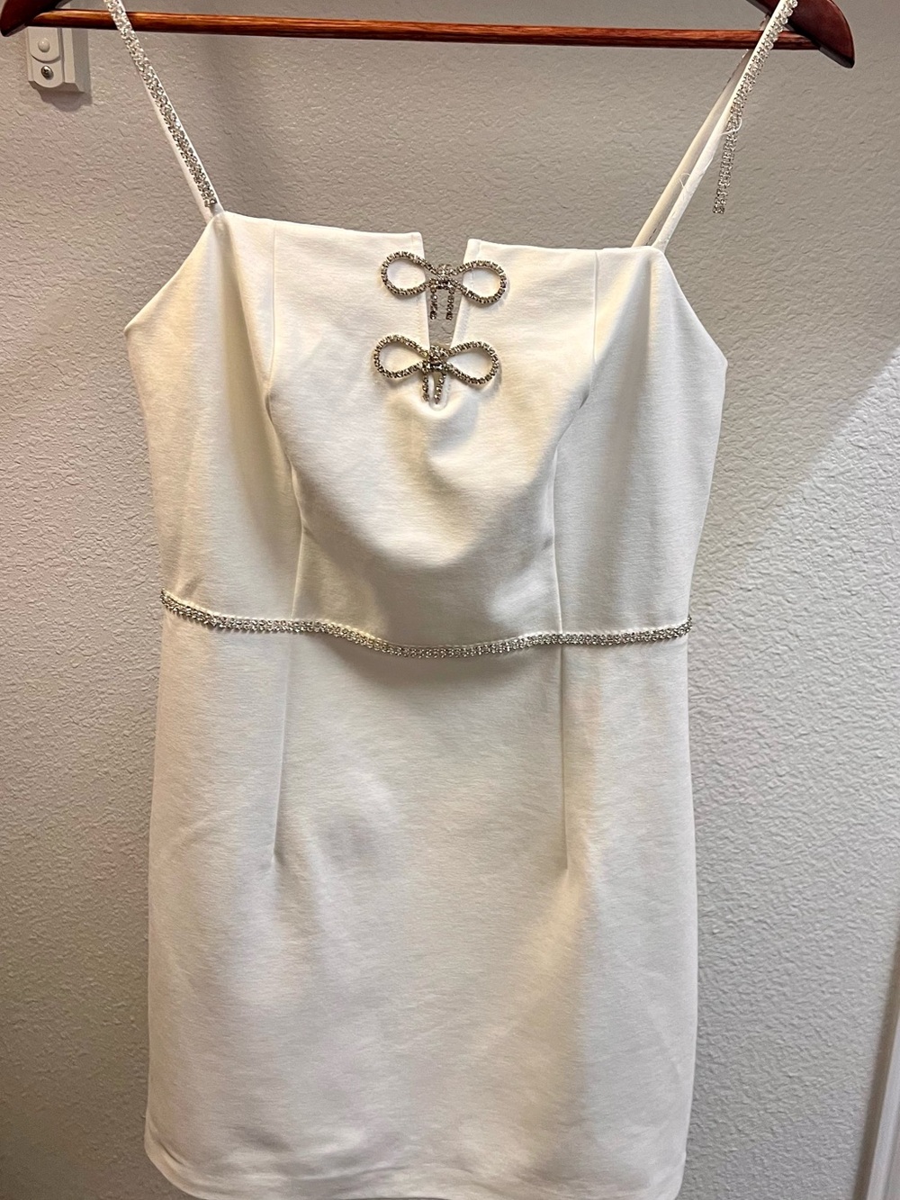 Selfie Leslie White Crystal-Trim Spaghetti Strap Mini Dress